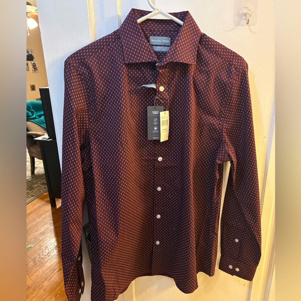 NWT Michael Kors Men's Burgundy Patterned Dress Shirt